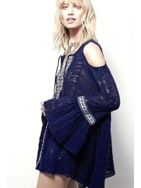 Free People Embroidered Bell Sleeve Cold Shoulder Tunic Mini Dress| Fairy Grunge